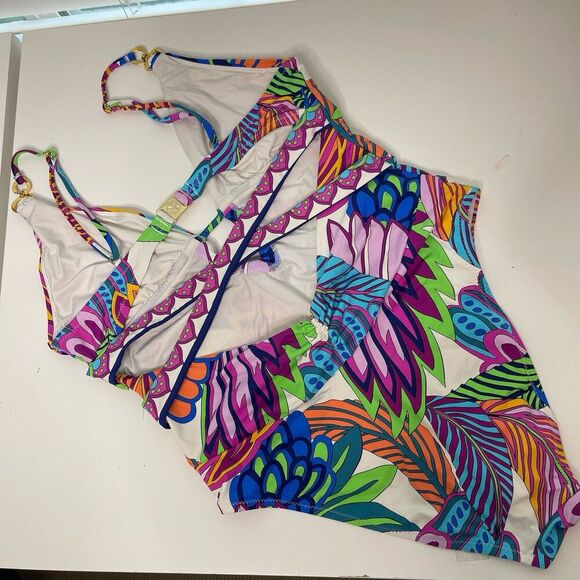 Trina Turk One Piece Swimsuit Size 8 10?  Multi Paradise Plume V Plunge Tropical - Picture 6 of 16